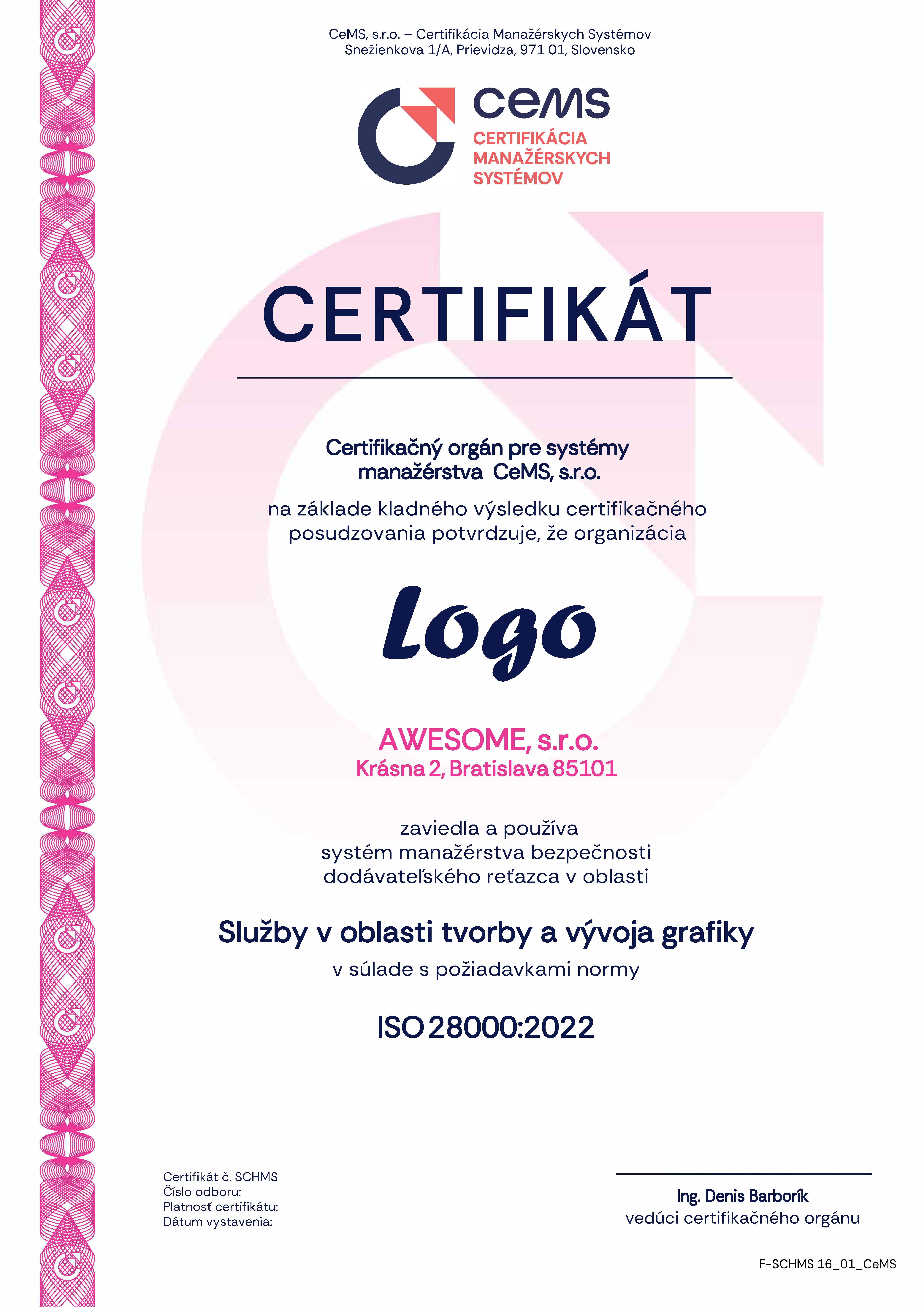 vzor certifikátu ISO 28000 od CeMS